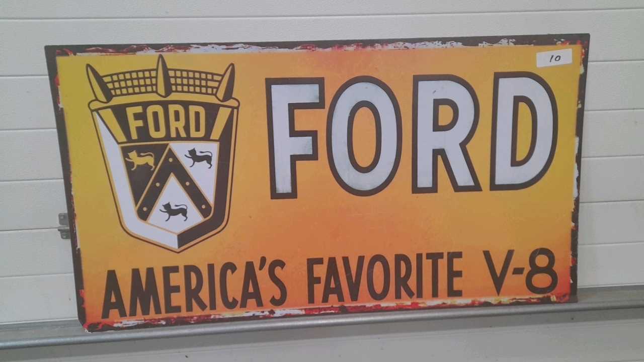 Lot 57 - LARGE AMERICA'S FAVORITE V-8 METAL REPRO SIGN 51" X 28"
