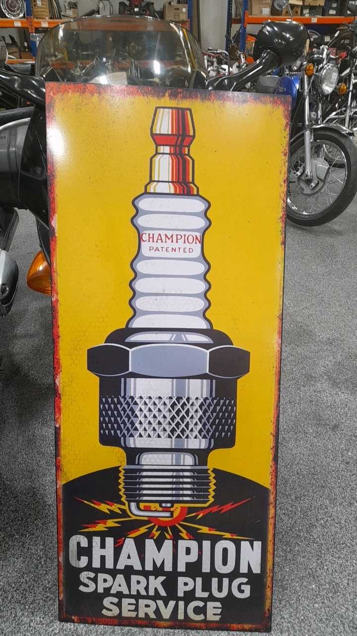 Lot 45 - CHAMPION SPARK PLUG SERVICE , METAL , REPRO SIGN 47" X 19"