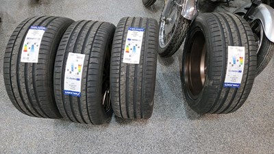 Lot 231 - SET OF 4 VELOCITY ALLOY WHEELS , TYRES & STUDS 22129 18 X 8 O J