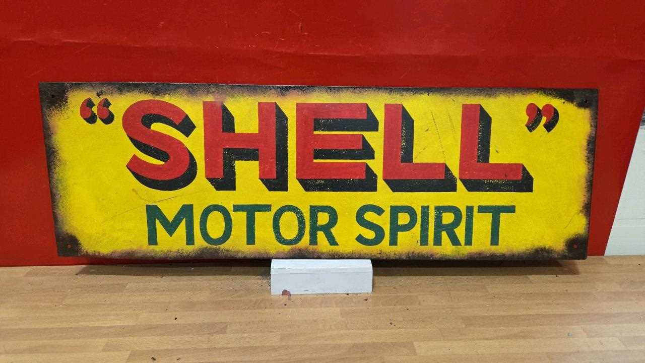 Lot 365 - HAND PAINTED SHELL MOTOR SPIRIT METAL SIGN 30" X 10"