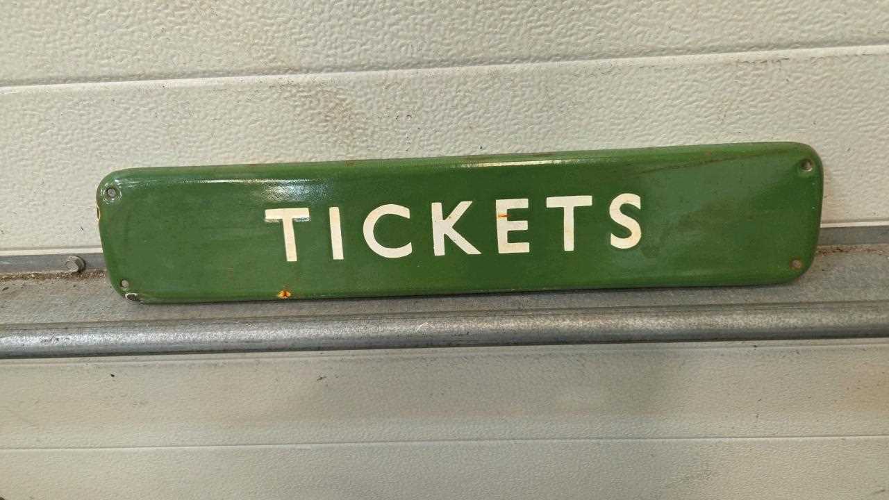 Lot 359 - TICKETS ENAMEL RAILWAY SIGN 18" X 4"