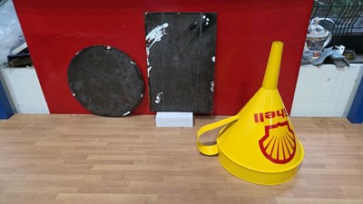 Lot 295 - 2 ENAMEL SIGNS + SHELL FUNNEL, SHELL OIL & ESSO TIGER