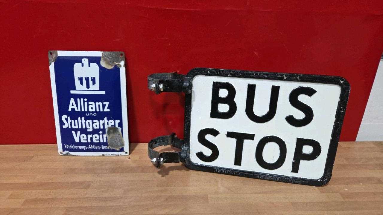 Lot 637 - ALLIANZ REPRO ENAMEL SIGN & DOUBLE SIDED BUS STOP SIGN