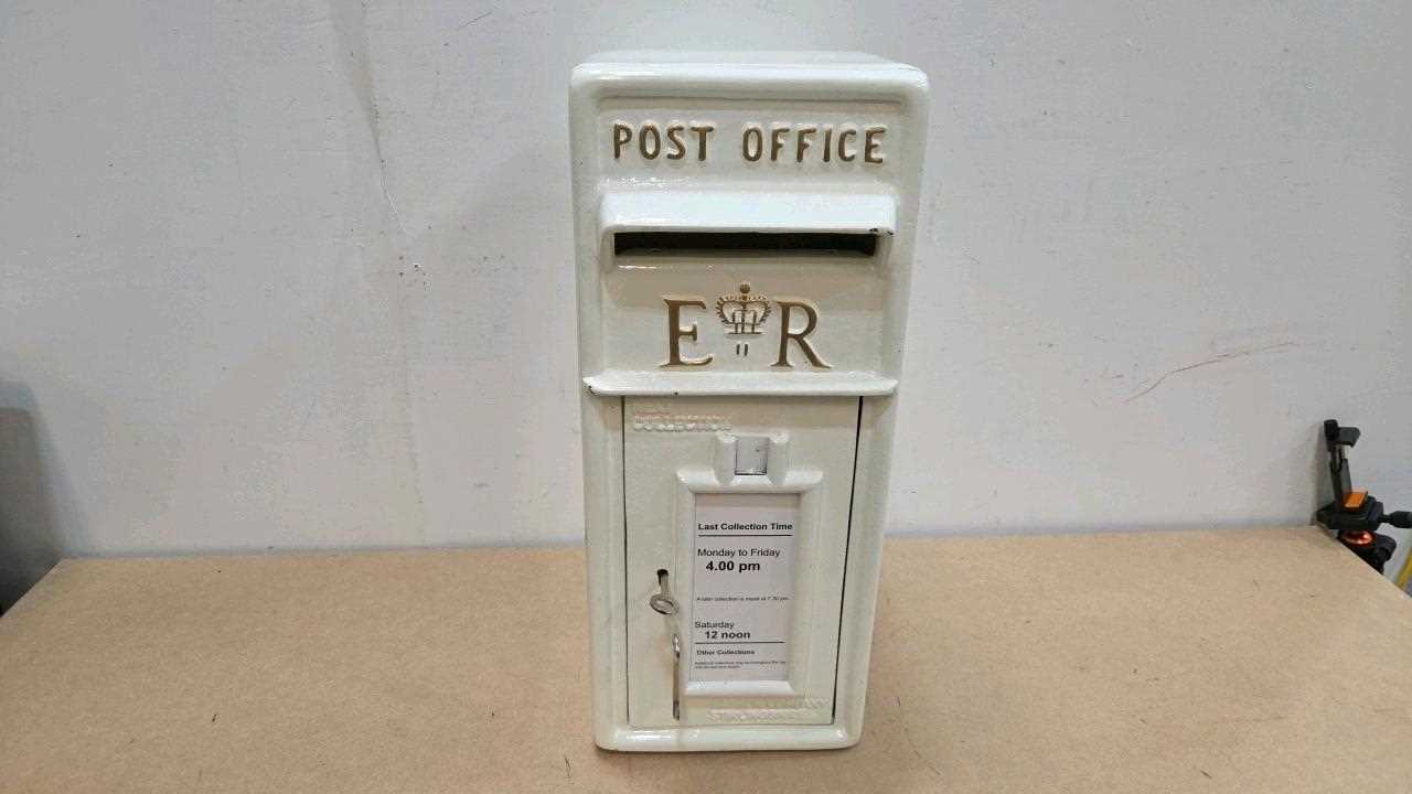 Lot 35 - A WHITE CAST IRON LETTER BOX WITH WORKING LOCK 22" TALL
