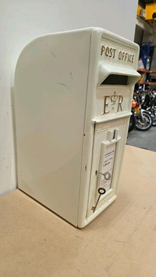 Lot 35 - A WHITE CAST IRON LETTER BOX WITH WORKING LOCK 22" TALL