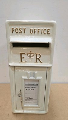 Lot 35 - A WHITE CAST IRON LETTER BOX WITH WORKING LOCK 22" TALL