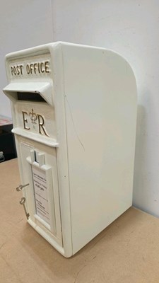 Lot 35 - A WHITE CAST IRON LETTER BOX WITH WORKING LOCK 22" TALL