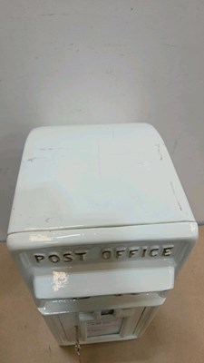 Lot 35 - A WHITE CAST IRON LETTER BOX WITH WORKING LOCK 22" TALL