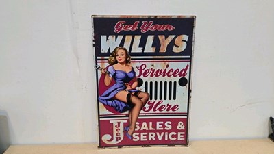 Lot 437 - GET YOUR WILLY'S JEEP SERVICED HERE TIN RPEO SIGN 28" X 20"