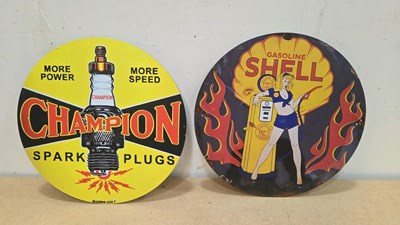 Lot 565 - CHAMPION SPARK PLUGS & SHELL REPRO SIGNS 12" DIA