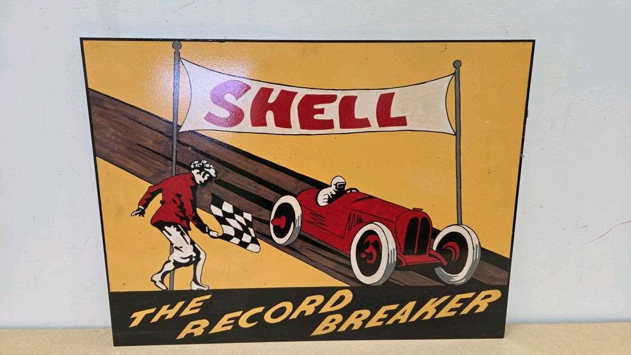 Lot 131 - WOODEN HAND PAINTED SHELL THE RECORD BREAKER SIGN 28" X 21"