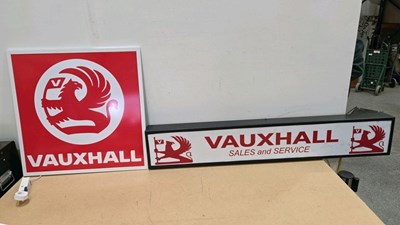 Lot 395 - PAIR OF VAUXHALL LIGHT UP SIGNS 48" X 7" & 23" X 23"
