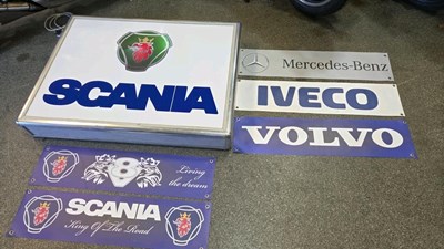 Lot 581 - LARGE SCANIA LIGHT UP SIGN 48" x 36" + 5 TRUCK BANNERS 40" X 9"
