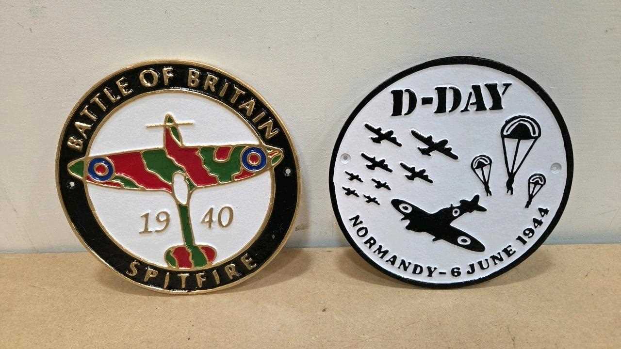 Lot 25 - PAIR OF CAST BATTLE OF BRITAIN & D- DAY REPRO SIGNS 9 " DIA