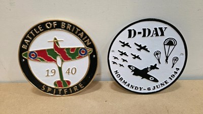 Lot 25 - PAIR OF CAST BATTLE OF BRITAIN & D- DAY REPRO SIGNS 9 " DIA
