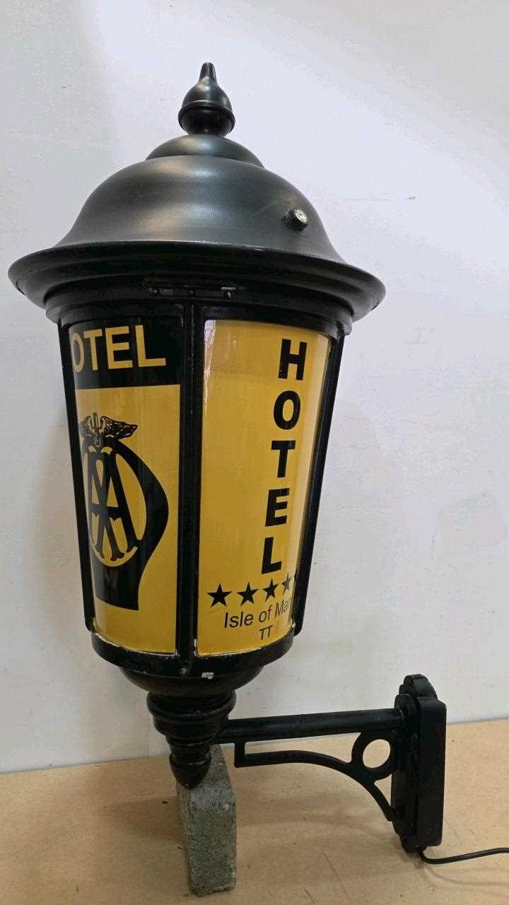 Lot 47 - LARGE AA HOTEL STYLE LAMP , WITH ISLE OF MAN ON IT 39" TALL