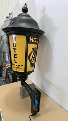 Lot 47 - LARGE AA HOTEL STYLE LAMP , WITH ISLE OF MAN ON IT 39" TALL
