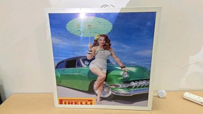 Lot 697 - PIRELLI PIN UP GIRL LIGHT UP SIGN 24" X 24"