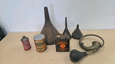 Lot 449 - SHELL CAR CARE KIT TIN & SELECTION OF FUNNELS , TINS