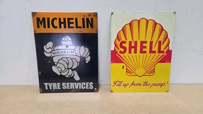 Lot 319 - MICHELIN TYRE SERVICE & SHELL FILL UP AT THE PUMP TIN REPRO SIGNS 16" X 12"