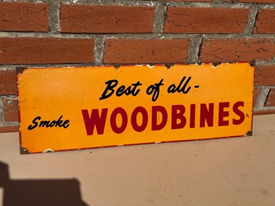 Lot 579 - BEST OF ALL- SMOKE WOODBINES , REPRO ENAMEL SIGN 24" X 8"