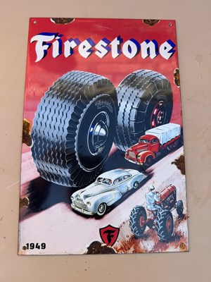 Lot 661 - 1949 FIRESTONE REPRO ENAMEL SIGN 12" X 8"