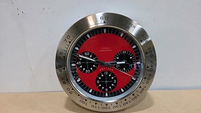 Lot 273 - ROLEX STYLE OYSTER COSMOGRAPH , SILVER RED WALL CLOCK