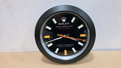 Lot 317 - ROLEX STYLE MILGAUSS, BLACK WITH WHITE & ORANGE DIALS WALL CLOCK