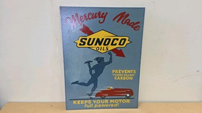 Lot 25 - WOODEN HAND PAINTED SUNOCO OILS SIGN 27" X 20"-ALL PROCEEDS TO CHARITY