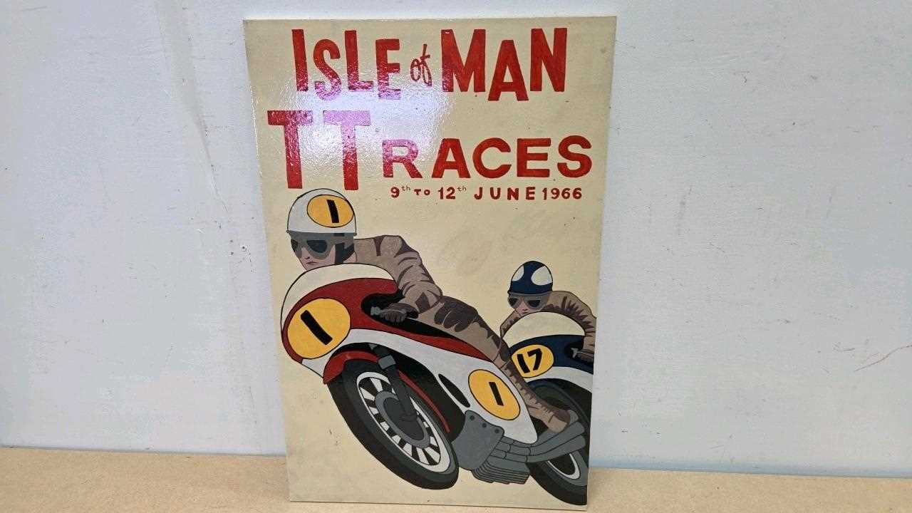Lot 127 - WOODEN HAND PAINTED, ISLE OF MAN TT RACES SIGN 24" X 16"