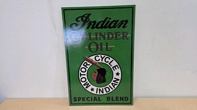 Lot 695 - WOODEN HAND PAINTED INDIAN CYLINDER OIL SIGN 24" X 16"