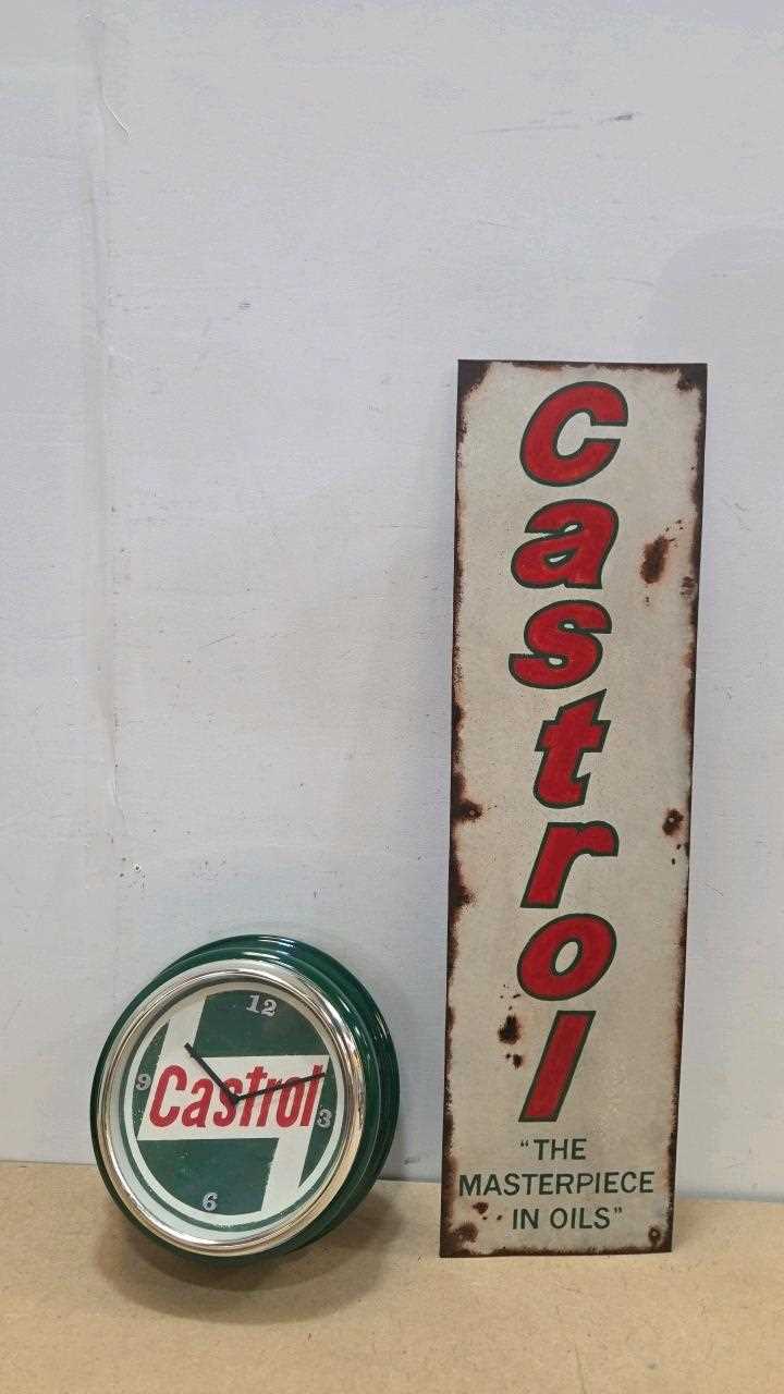 Lot 143 - HAND - PAINTED CASTROL SIGN & CLOCK 34" X 9" / 12" DIA