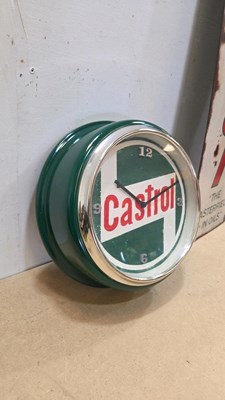 Lot 143 - HAND - PAINTED CASTROL SIGN & CLOCK 34" X 9" / 12" DIA