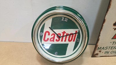 Lot 143 - HAND - PAINTED CASTROL SIGN & CLOCK 34" X 9" / 12" DIA