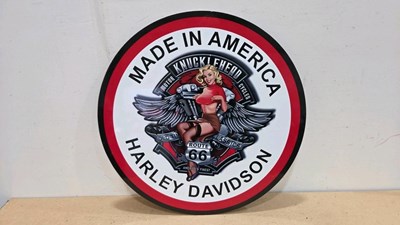 Lot 175 - HARLEY DAVIDSON MADE IN AMERICA PRINTED REPRO SIGN 24" DIA