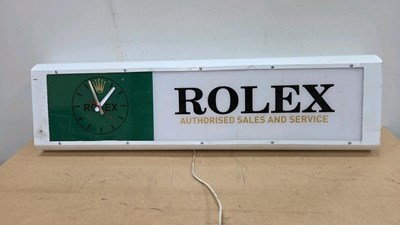 Lot 635 - ROLEX STYLE LIGHT UP SIGN WITH CLOCK 49" X 14"