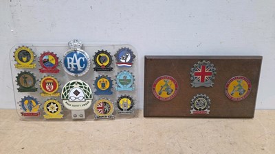Lot 277 - SELECTION OF MOUNTED CAR BADGES ON WOOD & PERSPEX