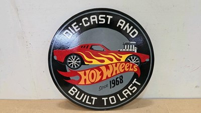 Lot 49 - WOODEN HAND PAINTED HOT WHEELS SIGN 20" DIA